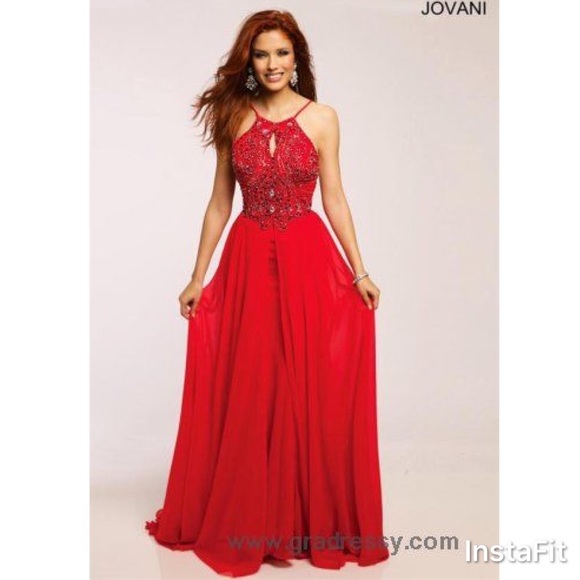 LIKE NEW Jovani Halter Backless Red Dress - Picture 2 of 5